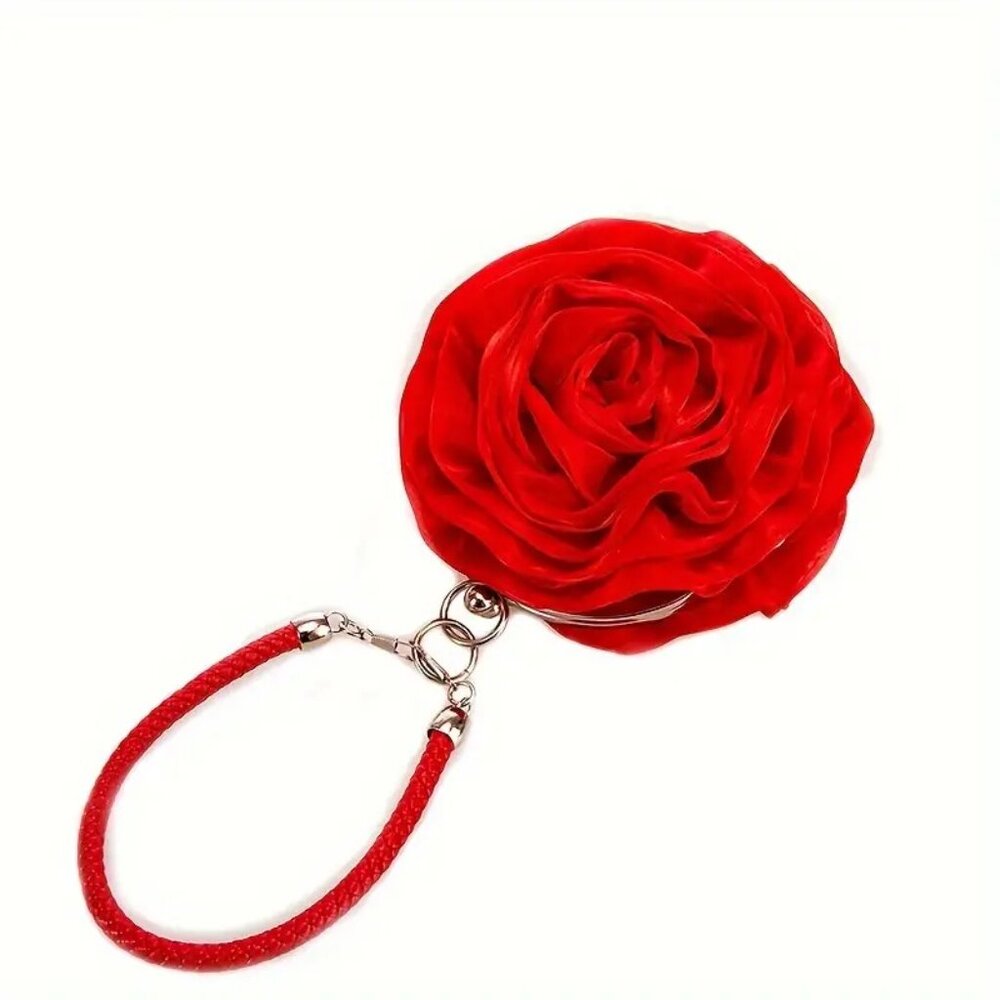 Prom / Wedding Red Rose Satin Clutch Elegant Floral Evening Bag w/ Handle - Picture 10 of 12